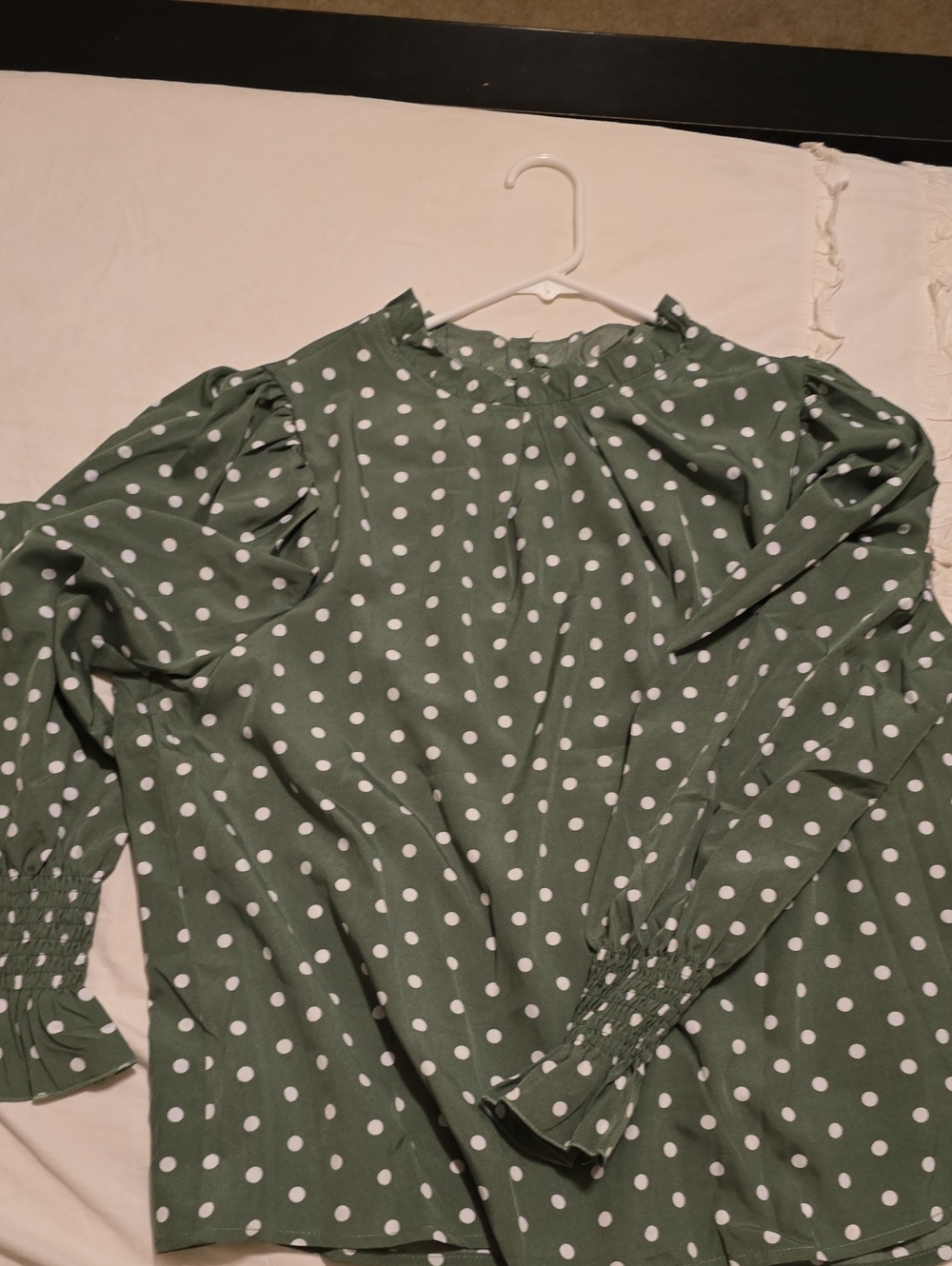 SHEIN Olive Green and White Polka Dot Puff-Sleeve Blouse NWOT